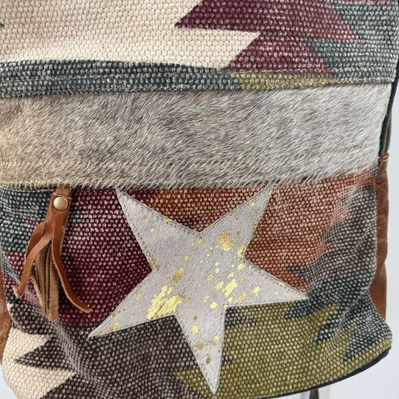 Myra Bag Multi-Colored Canvas Cowhide Leather Backpack Purse W/Adjustable Straps - Picture 4 of 10